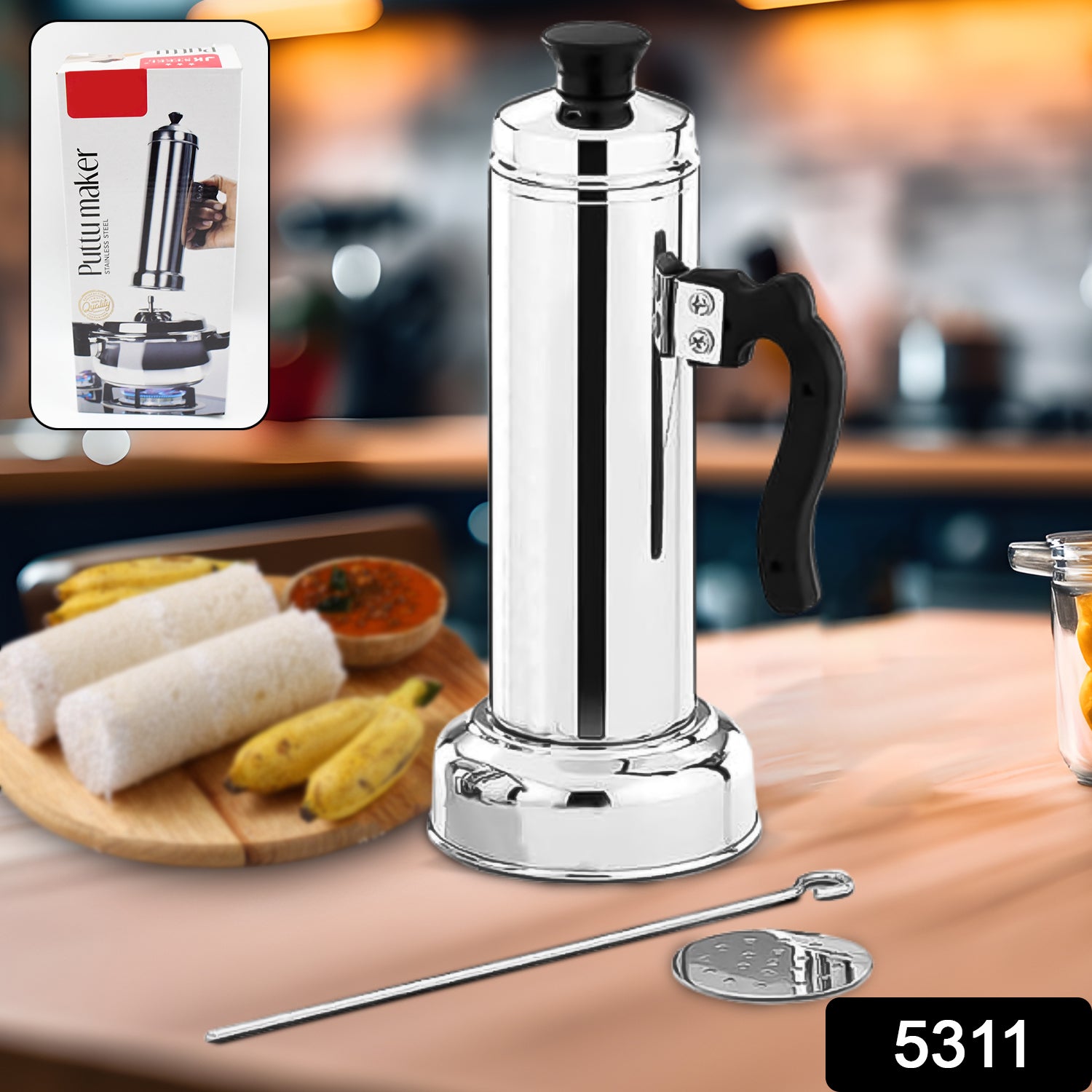 5311 Puttu Maker With Steamer Plate Metal Stick Black Plastic Handle Silver Lid  Puttu Maker Set  To Use With Pressure Cooker Top Food Grade Stainless Steel 5311 Puttu Maker With Steamer Plate Metal Stick Black Plastic Handle Silver Lid  Puttu Maker Set  To Use With Pressure Cooker Top Food Grade Stainless Steel